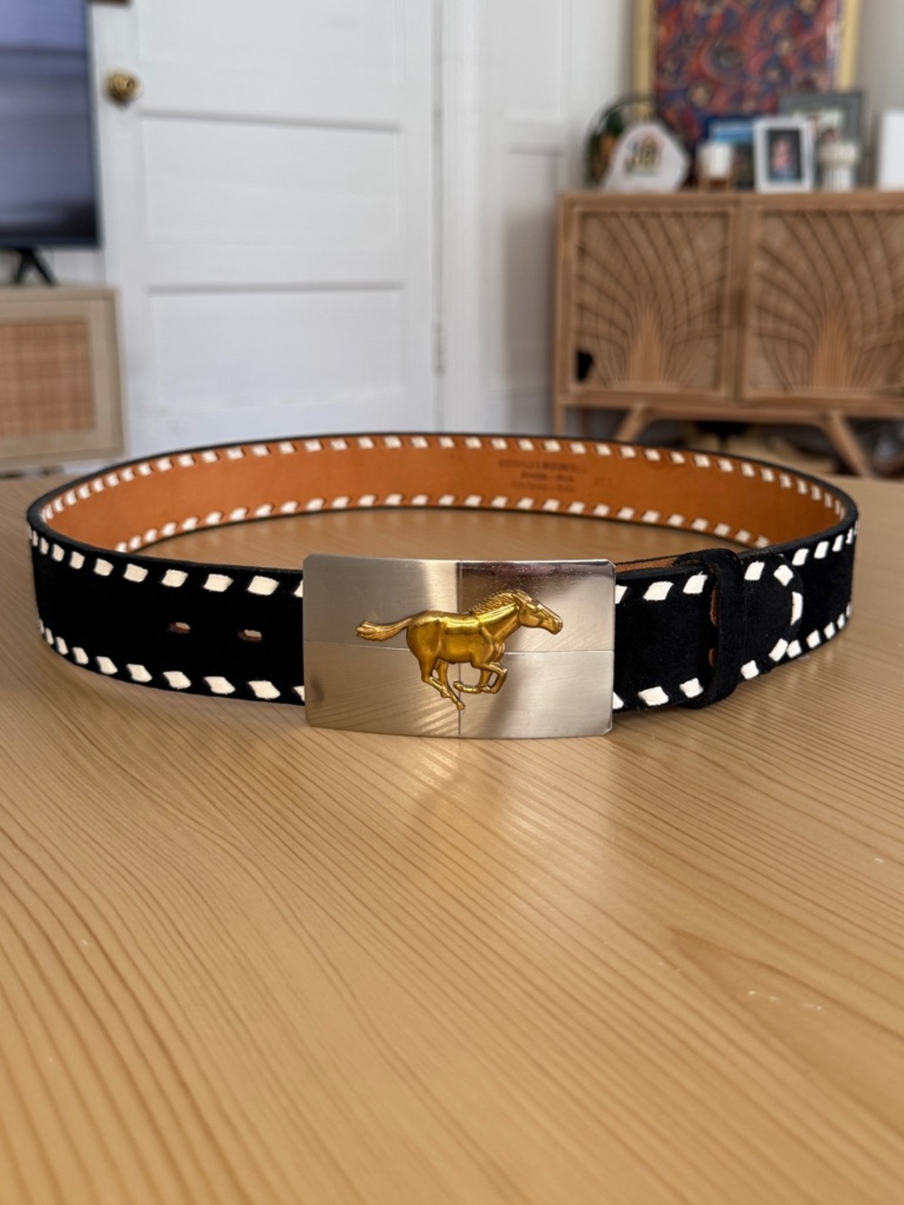 Vtg 60s Rasmussen’s Western Wear Black Suede Contrast Stitch Belt Horse Buckle